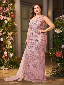 Double Crazy Plus Size Women's Elegant Mesh Shoulder Slit Party Dress With One Shoulder Strap Formal Evening Prom Wedding Guest Gown, For Graduation, Dinner