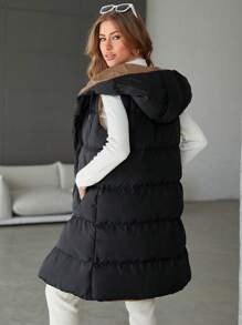 RueChic Ladies' Solid Color Zipper Design Mid-Length Padded Vest Coat - Black - View 6