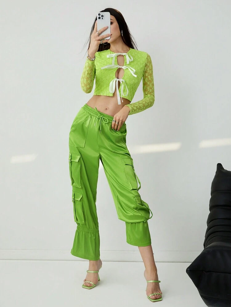 Women Solid Color Drawstring Waist Pants With Flap Pockets