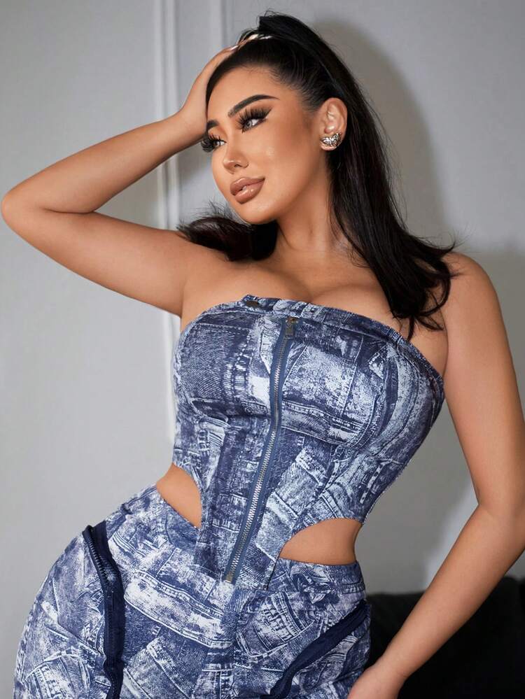 Ladies' Sexy Asymmetric Hem Bandeau Top With Denim Effect