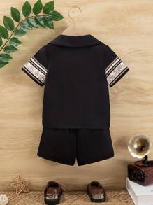 2pcs Infant Boys' Leisure Comfortable Printed Short Sleeve Shirt And Loose Casual Shorts Set - Black - View 2