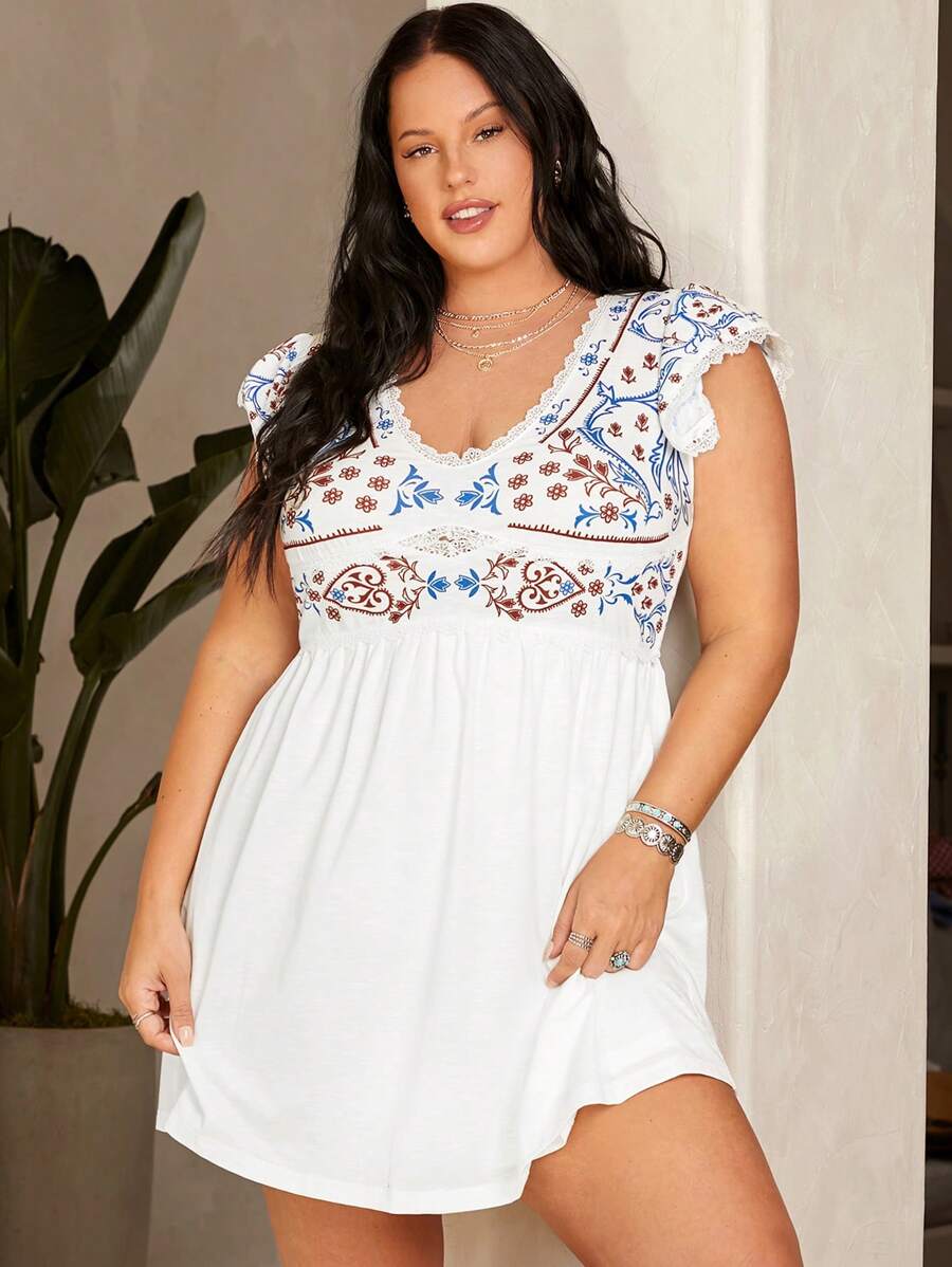 Dreamara Plus Size Nữ Kỳ Nghỉ Hè In Hoa Chắp Vá Ren Mũ Tay Áo Chữ A - trắng - Xem 1