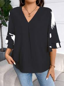 Celure Plus Size Contrast Color V-Neck Summer Fashion Leisure Simple All-Match Shirt