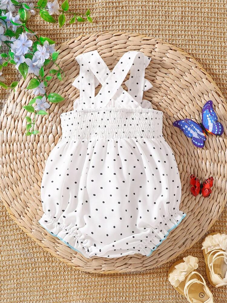 Baby Girls Polka Dot Bodysuit With Bowknot, Ruffled Trim, Decorative Buttons, Comfortable And Soft Materials, Suitable For Spring And Summer
