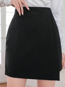 DAZY 夏季純色不對稱下擺優雅直筒裙 - 黑色 - 查看 1