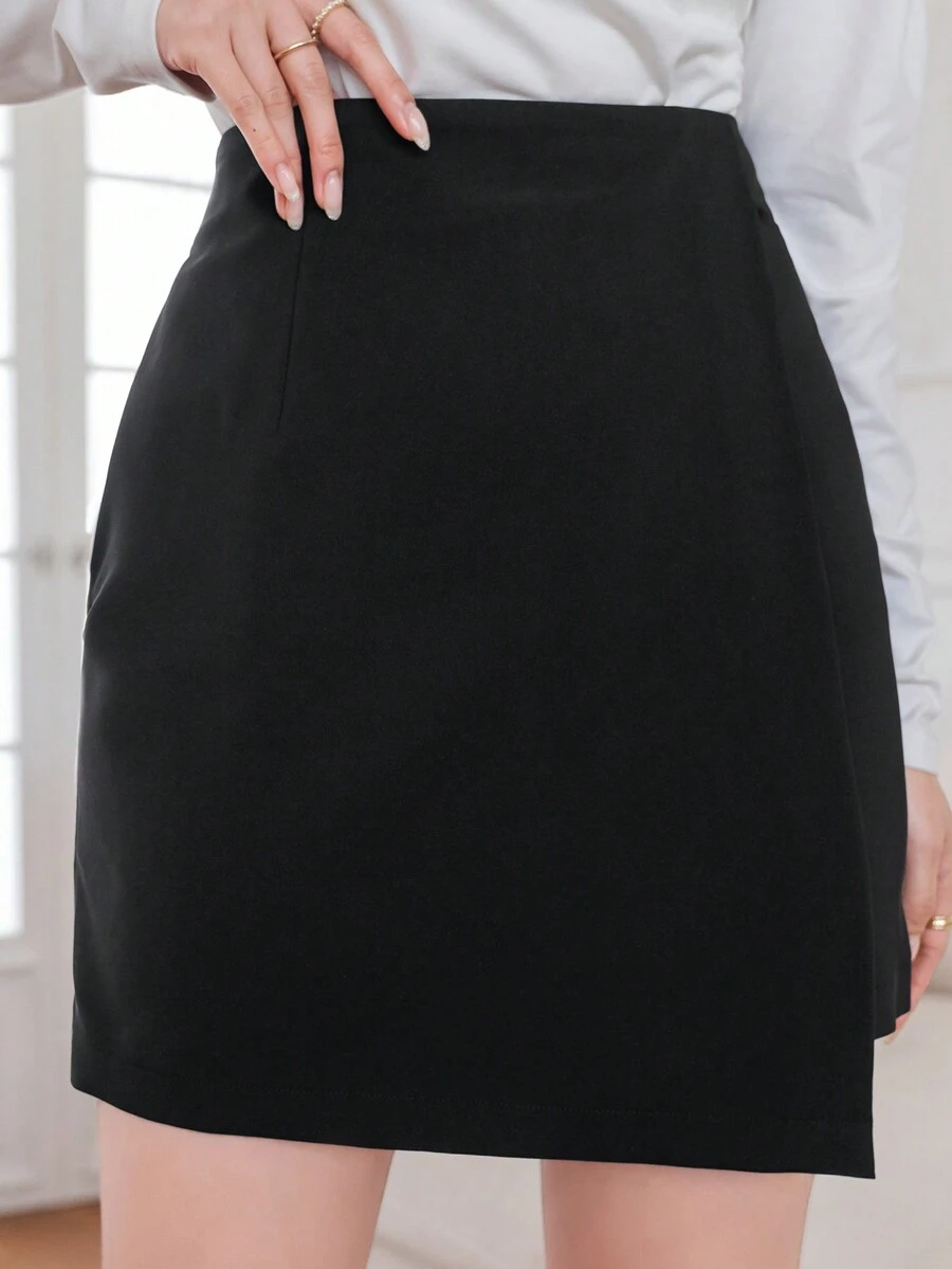 DAZY 夏季純色不對稱下擺優雅直筒裙 - 黑色 - 查看 1