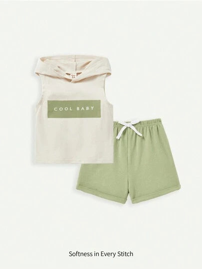 Cozy Pixies 嬰兒男寶寶字母印花無袖連帽上衣和短褲套裝