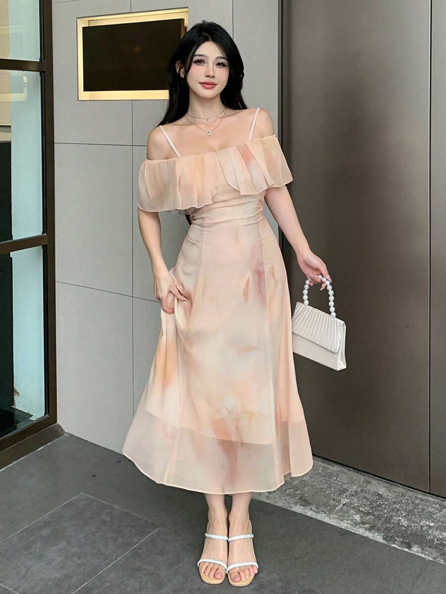 DAZY Ladies' Chiffon Off Shoulder Ruffle Hem Dress Sundress