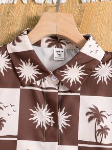 Teen Girl Vacation Printed Long Sleeve Shirt And Shorts Two-Piece Set - Brown - View 3