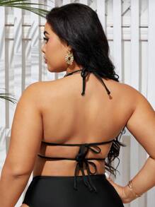 Swim SXY Summer Beach Plus Size Solid Color Hollow Halterneck Swimwear Top