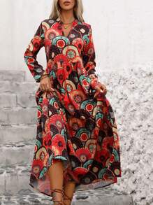 SHEIN LUNE Women Vintage-Style Printed Long Sleeve Dress Maxi Women Outfit - Multicolor - View 4