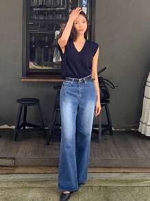DAZY Quần Jean ống rộng dáng suông cho nữ có mài trắng - Rửa nhẹ - Xem 4