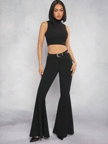 SHEIN Unity 女士實色高腰喇叭褲 - 黑色 - 查看 4