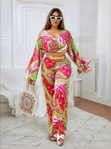 VaVaBold Conjunto de camisa de manga larga Vintage Floral de cuello en V y pantalones largos para mujer, verano
