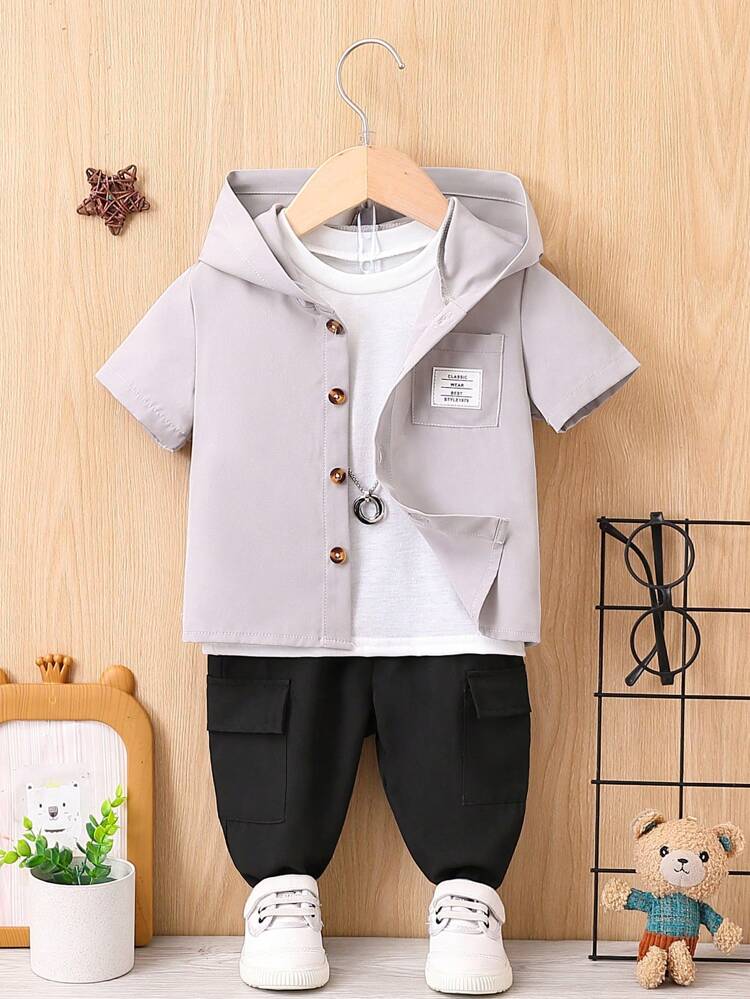 Baby Boys Solid Color Simple Hooded Short Sleeve And Pants Set