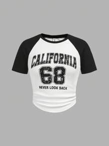 SHEIN Girlism Teen Girl Knitted Patchwork Letter Print Casual Pleated T-Shirt - Black and White - View 1