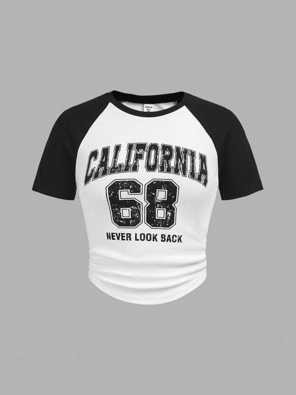 SHEIN Girlism Teen Girl Knitted Patchwork Letter Print Casual Pleated T-Shirt