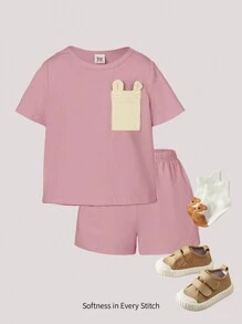 Cozy Pixies Bebé niño Shorts con camiseta de color combinado con parche con bolsillo - Rosa vieja - Ver 1