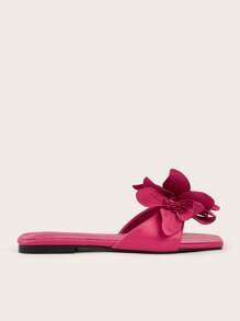 Casual Vacation Elegant Floral Rose Pink Square Toe Flat Sandals Slippers Valentines,Spring Summer Outfits - Hot Pink - View 2