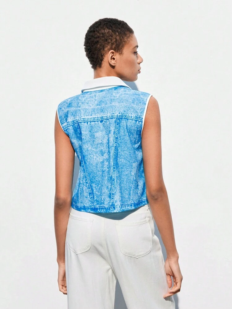 SHEIN Maija Women's Denim Effect Print Button Front Casual Shirt Tank Top, Summer