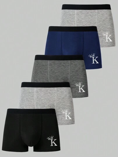 男士5入組拼接色綁帶皇冠和字母印花短褲