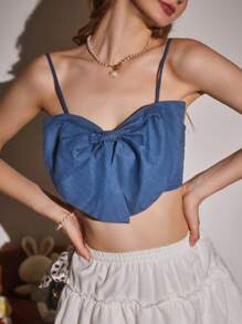 Aveloria Rosie Top de mezclilla corto con cami, decoración de lazo y espalda fruncida