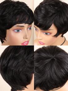 Short Pixie Cut Wig Natural Black Color Wave Bob Human Hair Wig With Bangs