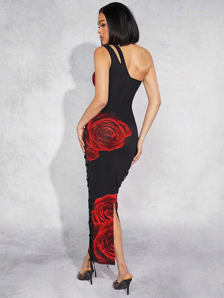 Floral Lace Up Side One Shoulder Dress