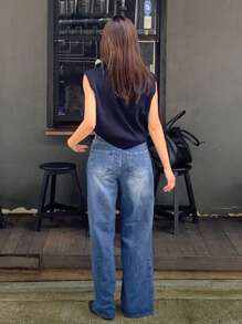 DAZY Quần Jean ống rộng dáng suông cho nữ có mài trắng - Rửa nhẹ - Xem 2