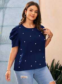SHEIN Clasi Plus Size Women Fashionable Round Neck Shirt With Pearl Design - Navy Blue - View 5