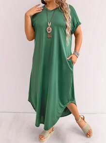 SHEIN LUNE Kích thước lớn NỮ Mùa hè Màu thuần Cổ chữ V Ngắn tay Lỏng lẻo Đầm - Màu xanh lá cây đậm - Xem 1