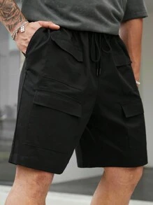 Manfinity Homme 夏季男裝大尺碼純色束口翻轉口袋短褲 - 黑色 - 查看 3