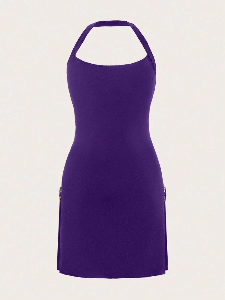 SHEIN VaVaLuxe Vestido de verano para mujer de unicolor, sexy, con cuello  halter, enlace circular y dobladillo con abertura lateral, mini vestido  corto para mujer | Moda de Mujer | SHEIN Mxico