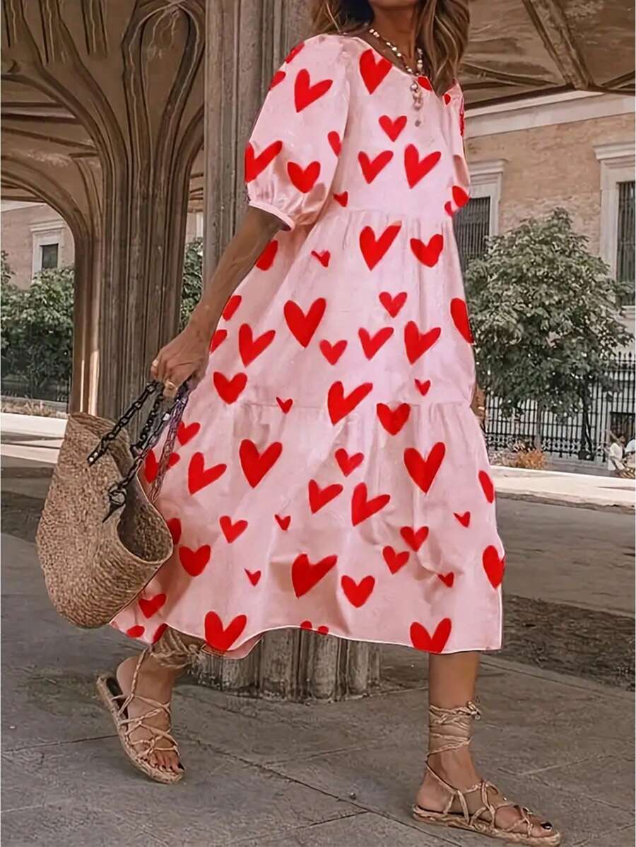 Breezaya Loose Heart Print Ruffle Hem Puff Sleeve Babydoll Dress For Summer Maxi Women Outfit - Multicolor - View 1
