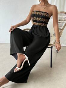 SHEIN Essnce Colorful Vacation Leisure Tube Jumpsuit With Cinching Waist And Patchwork - Black - View 1