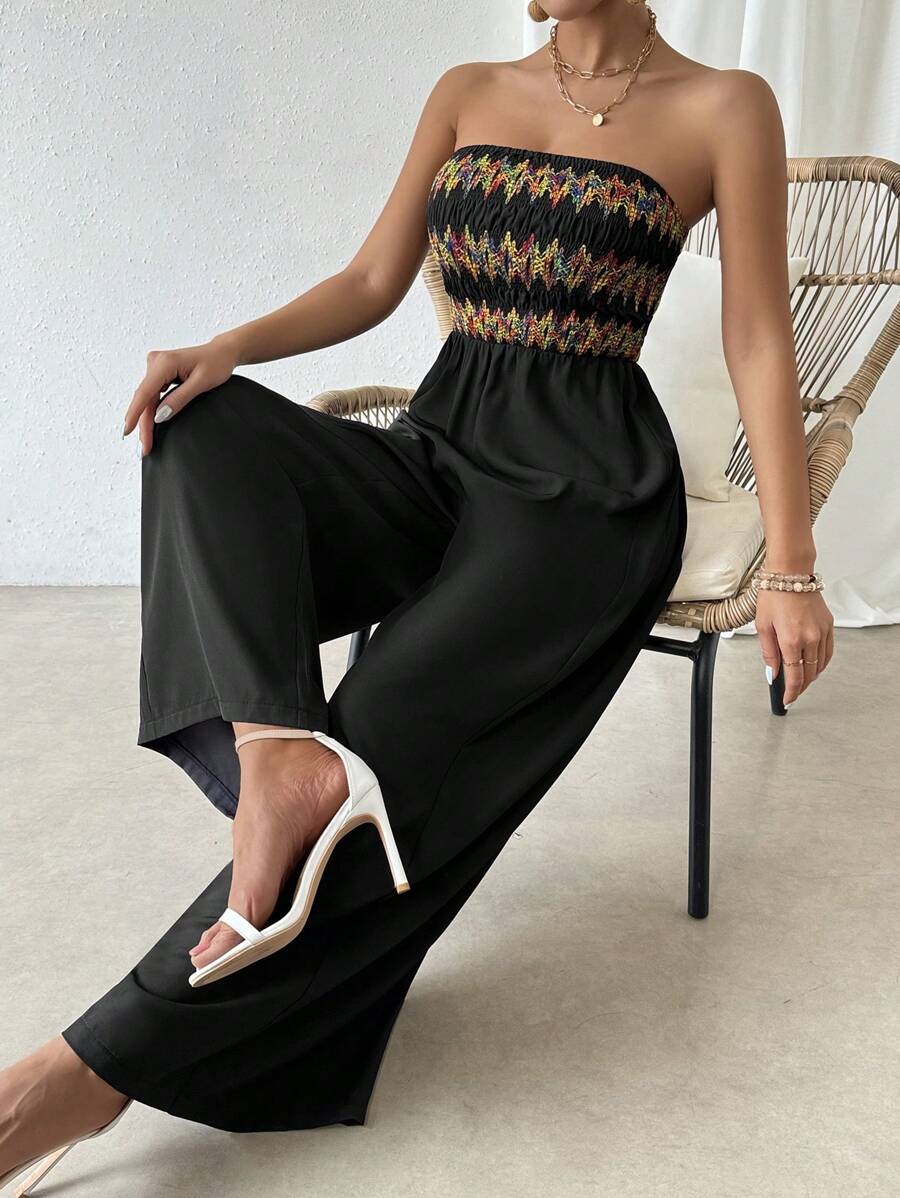 SHEIN Essnce Colorful Vacation Leisure Tube Jumpsuit With Cinching Waist And Patchwork - Black - View 1