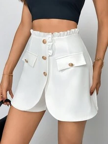SHEIN Privé Women Summer Daily Elegant Work INS Date Button Decoration Ruffle Edge A-Line High Waist Suit Shorts - White - View 4