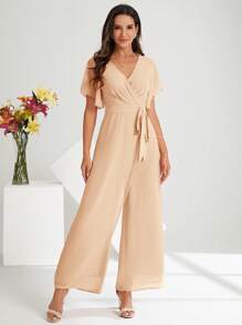 SHEIN Clasi 女式时尚纯色 V 领优雅不对称剪裁连体裤 - 卡其色 - 查看 5