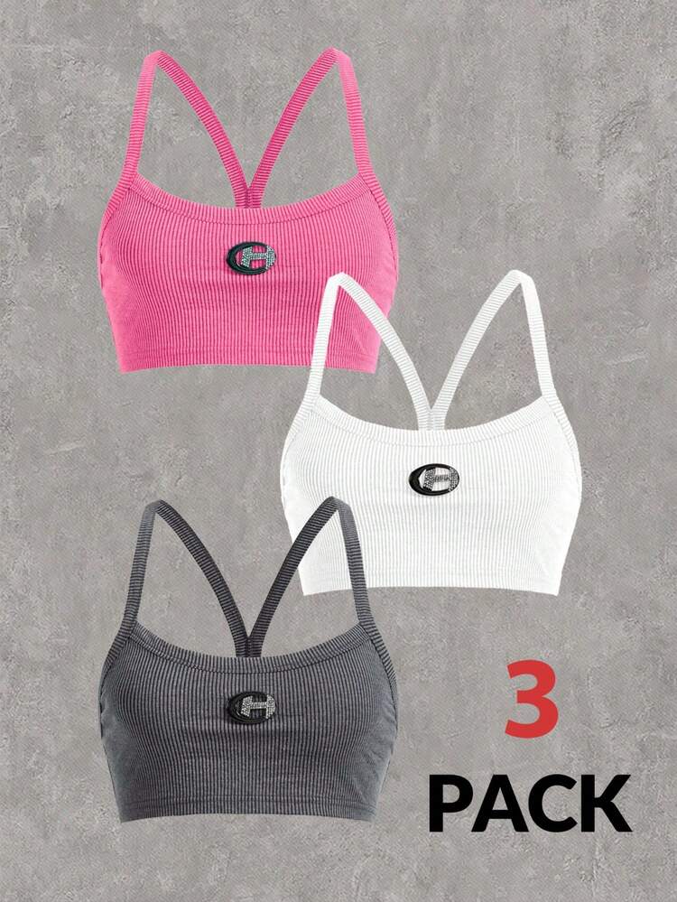 3pcs/Set Pink, White & Grey Sports Knit Fitted Tank Top