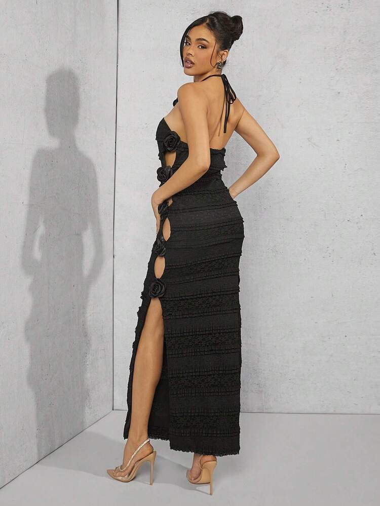 3D Rosette Cut Out Side Halter Dress