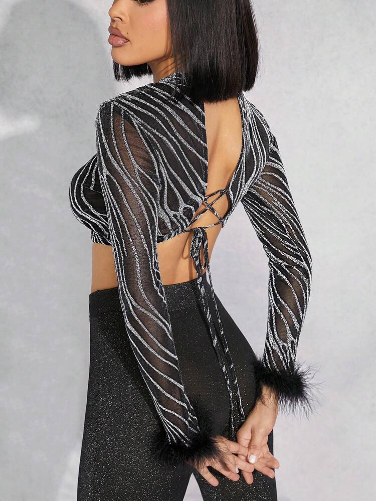 Women's Short Cut And Plush Sleeve Cuffs Sheer Splice Top