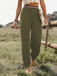 Breezaya Pantalones de cintura alta y estilo suelto para mujer con cintura ondulada empalmada y puños elásticos - Verde militar - Ver 1