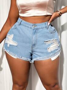 SHEIN SXY Plus Size Stretch-Free Denim Sexy Ripped Shorts - Blue - View 5