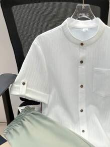 SHEIN Teen Boy Casual Comfy Textured Wave Striped Short Sleeve Shirt And Matching Shorts Set, Spring/Summer - Multicolor - View 5