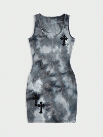 Grunge Punk Sommer Punk-stil Tie-dye Kreuz Bedrucktes Kleid Mit Patchwork-stickerei, Ärmellos