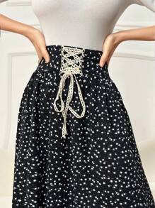 Modelyn Women Waist Tied Polka Dot Printed Skirt, Simple & Elegant - Black - View 5