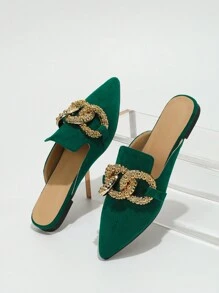 2025秋季优雅女士绿色毛绒穆勒半拖鞋，饰有圆形和大型金属扣，适合春夏穿着，穆勒鞋 - 軍綠色 - 查看 2