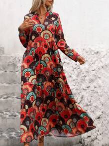 SHEIN LUNE Women Vintage-Style Printed Long Sleeve Dress Maxi Women Outfit - Multicolor - View 6