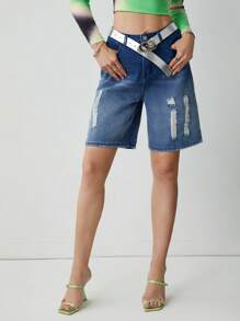 SHEINNeu Women Solid Color Distressed Denim Shorts With Pockets And Buttons