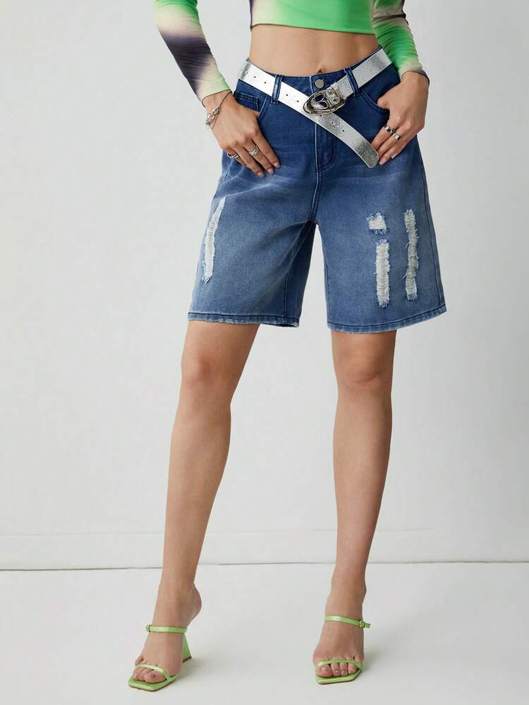 Women Solid Color Distressed Denim Shorts With Pockets And Buttons